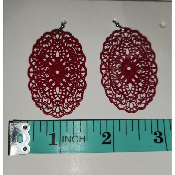 Red Filigree Dangle Earrings With Fish Hook Backs statement - Picture 4 of 4